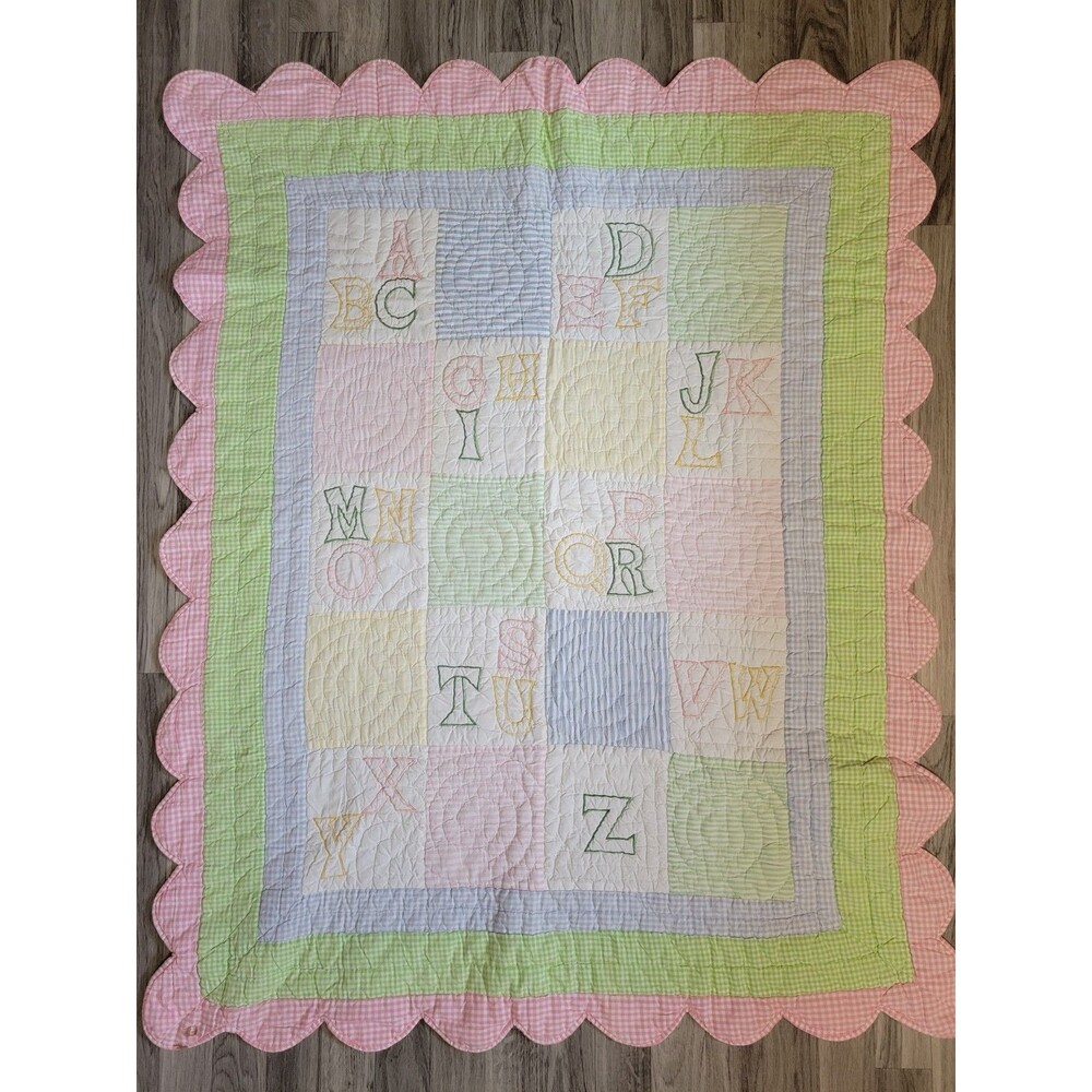Vintage Handmade Alphabet Baby Blanket Padded Quilt Pastel Y2K Cottage Core